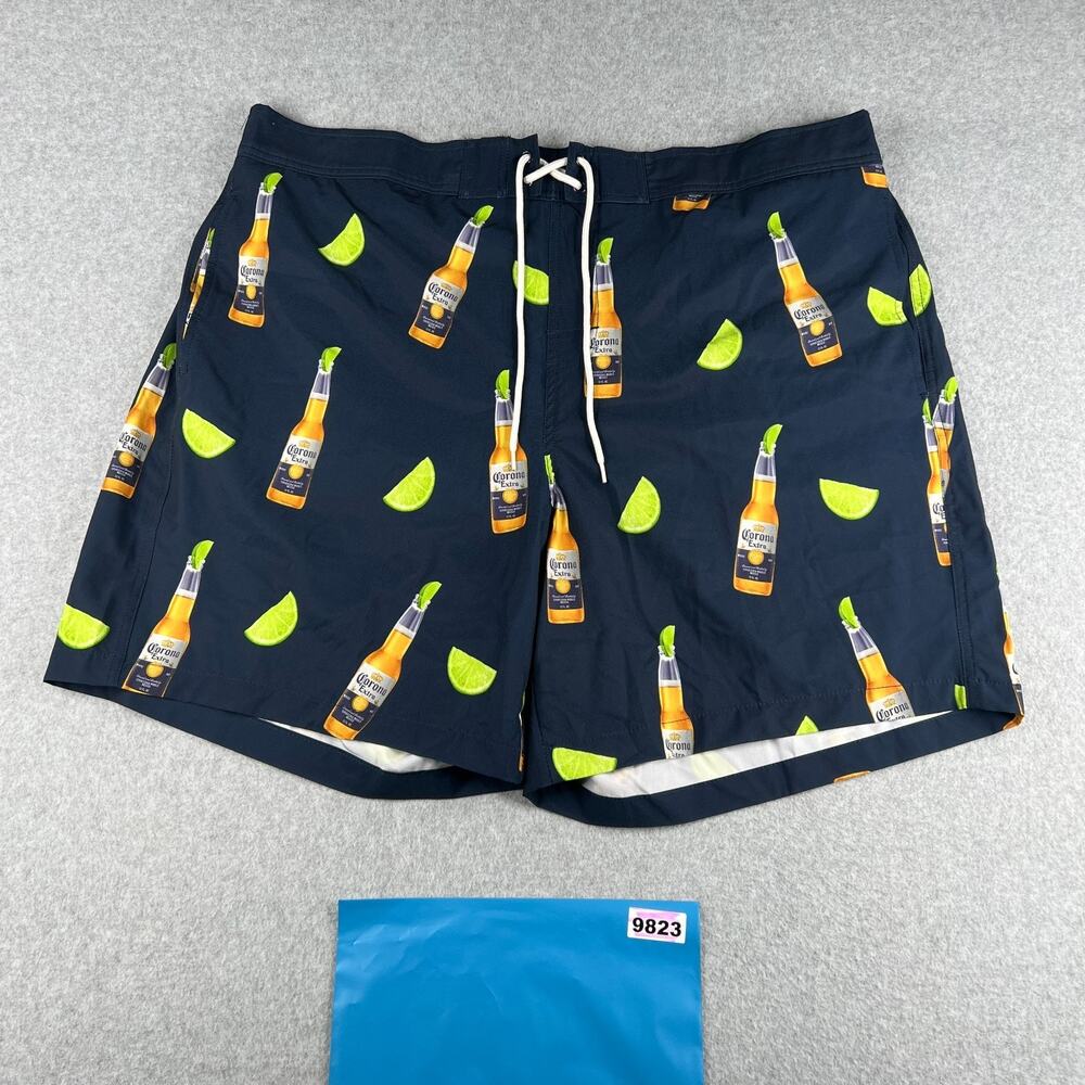 Corona Swim Trunks Mens 2XL Navy Blue Beer Bottles Limes Print Line Beach